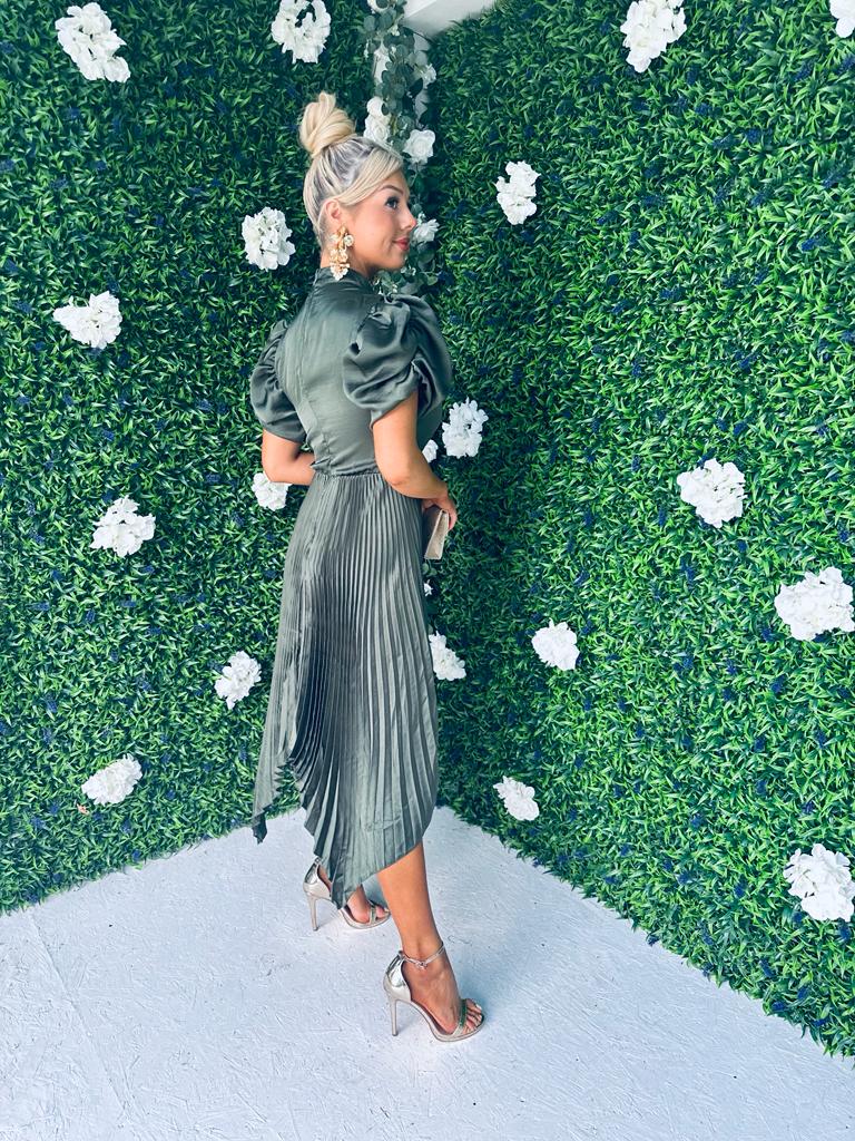 Nainsi Puff Sleeve Pleated Midi Dress Olive
