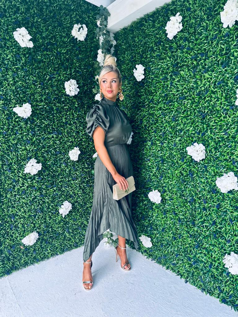 Nainsi Puff Sleeve Pleated Midi Dress Olive