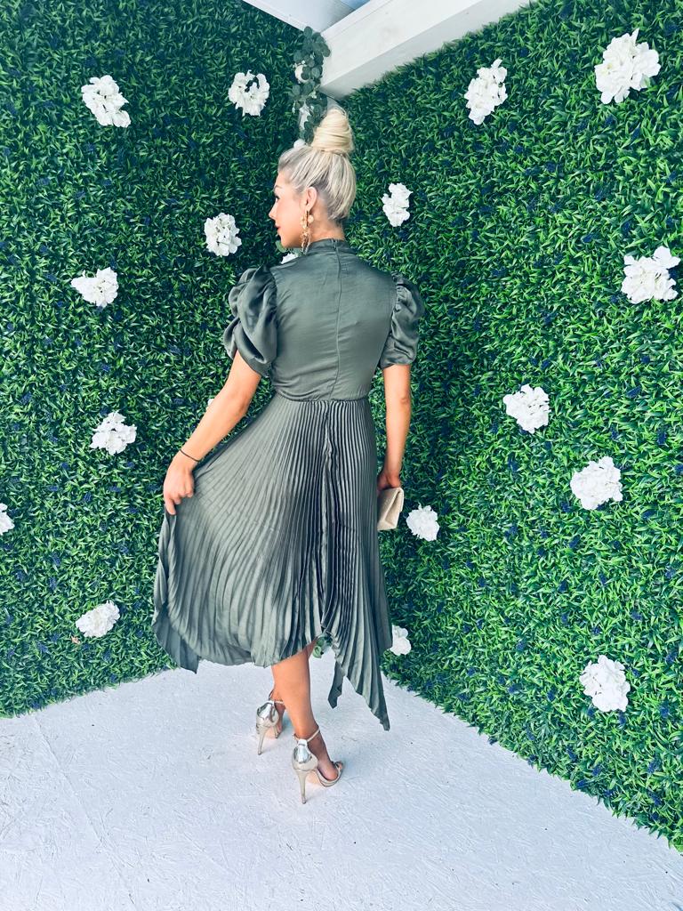 Nainsi Puff Sleeve Pleated Midi Dress Olive