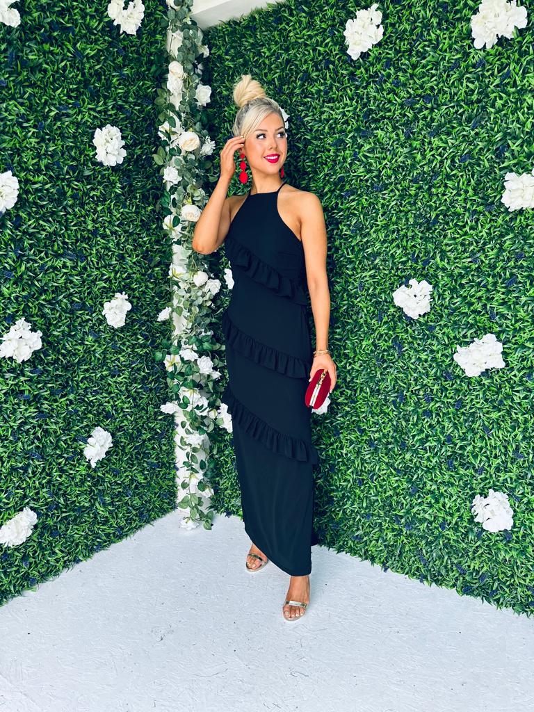 Macy Halter Neck Ruffle Maxi Dress Black