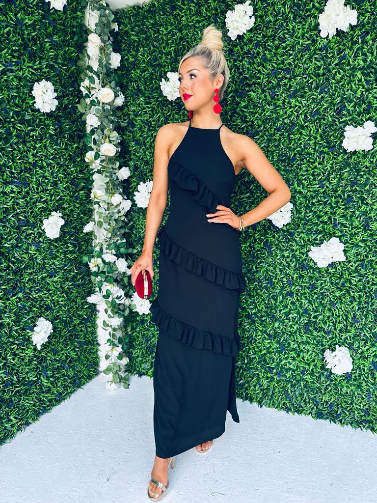 Macy Halter Neck Ruffle Maxi Dress Black