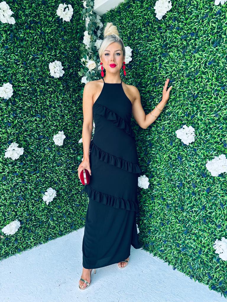 Macy Halter Neck Ruffle Maxi Dress Black