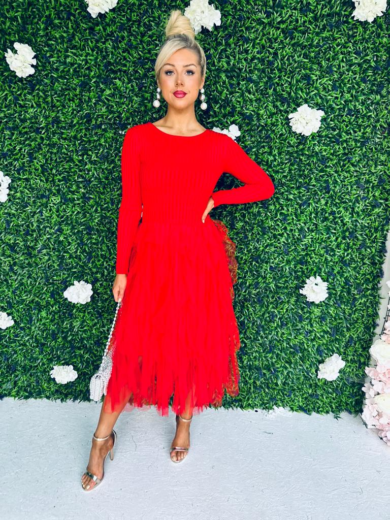 Sami Knit & Tulle Dress Red