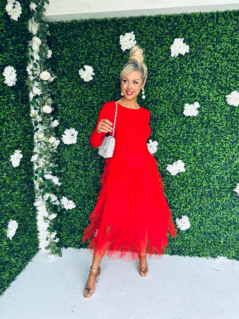 Sami Knit & Tulle Dress Red