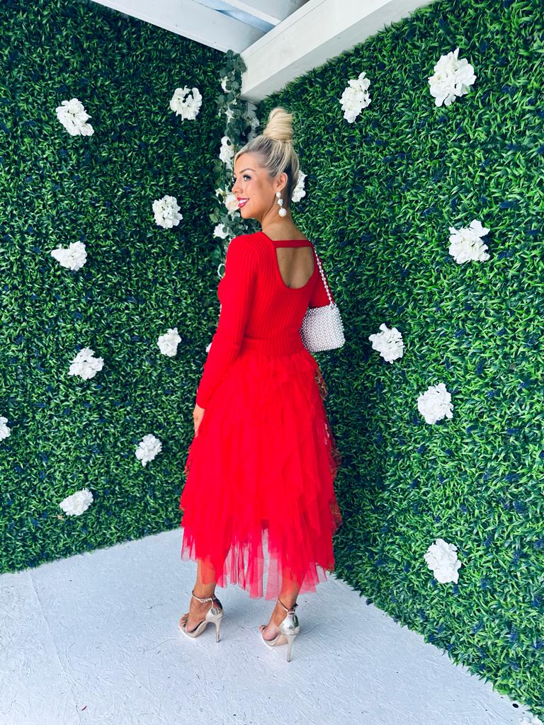 Sami Knit & Tulle Dress Red