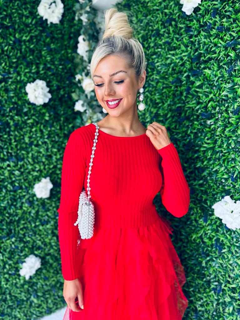 Sami Knit & Tulle Dress Red