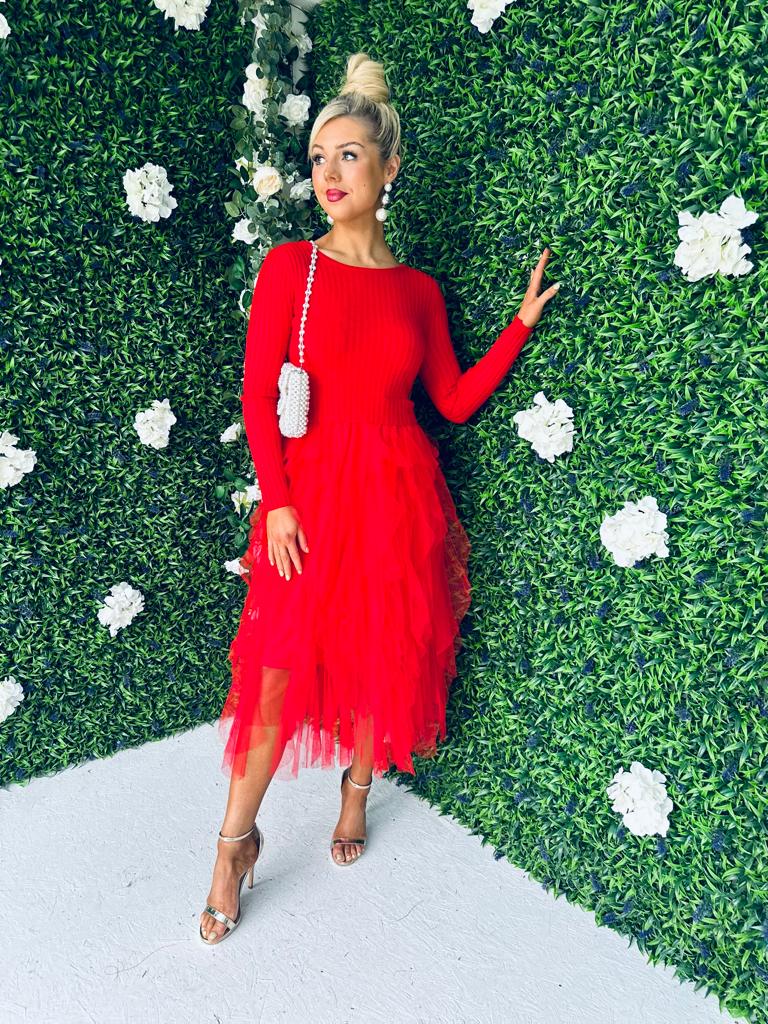 Sami Knit & Tulle Dress Red