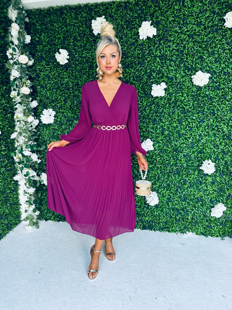 Danni Full Pleat Midi Dress Berry