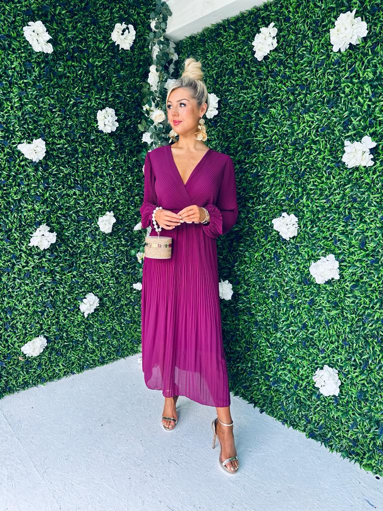 Danni Full Pleat Midi Dress Berry