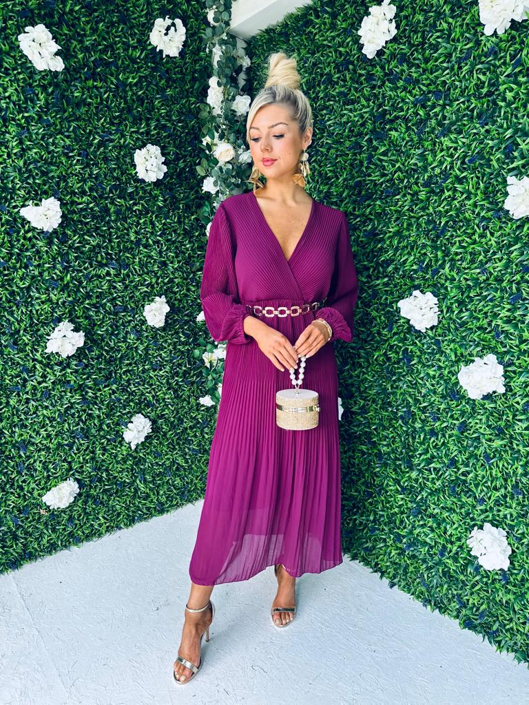 Danni Full Pleat Midi Dress Berry