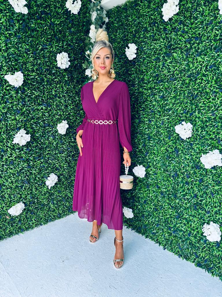 Danni Full Pleat Midi Dress Berry