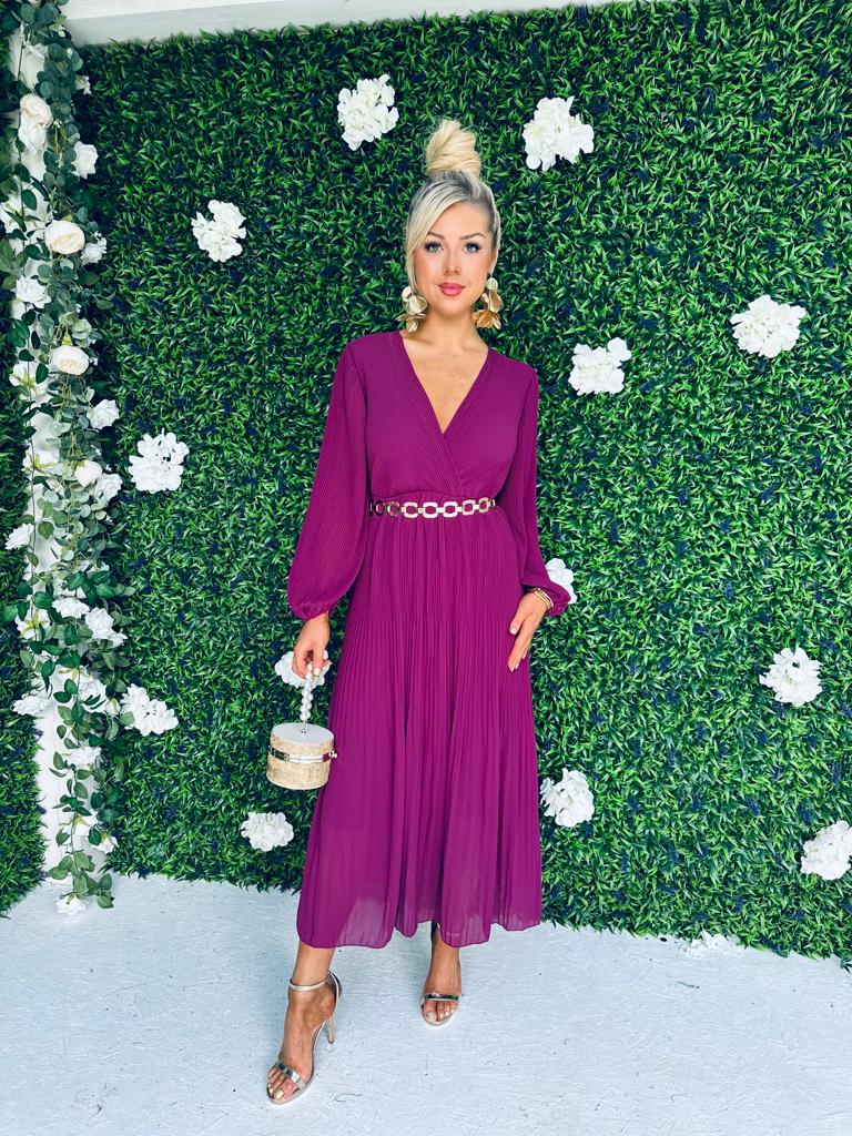 Danni Full Pleat Midi Dress Berry