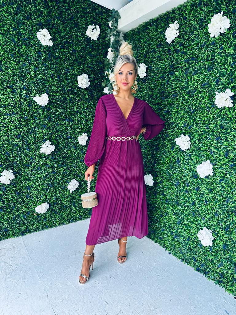 Danni Full Pleat Midi Dress Berry