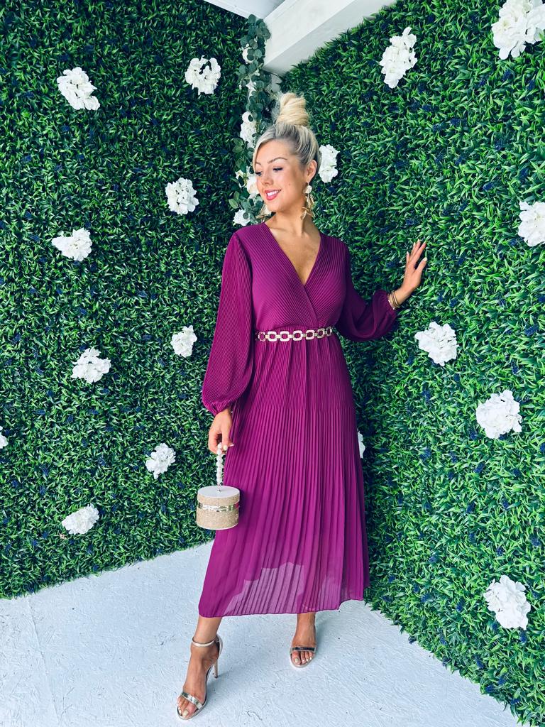 Danni Full Pleat Midi Dress Berry