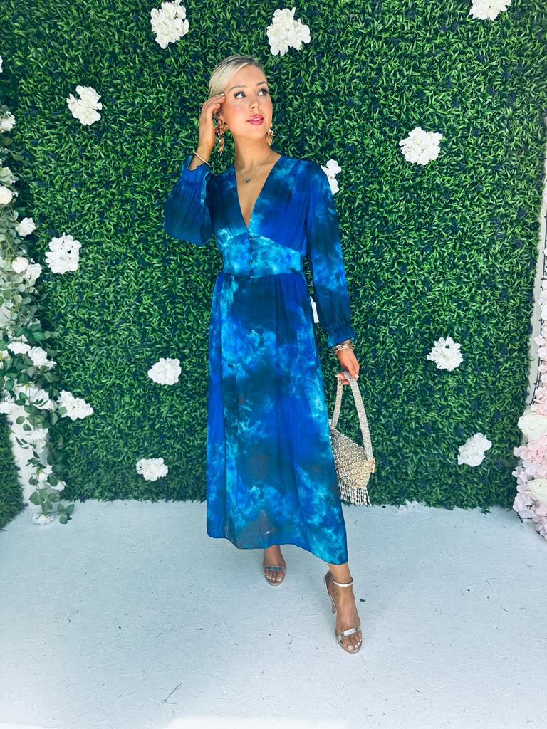 Sabrina Midi Print Dress Marbled Blue