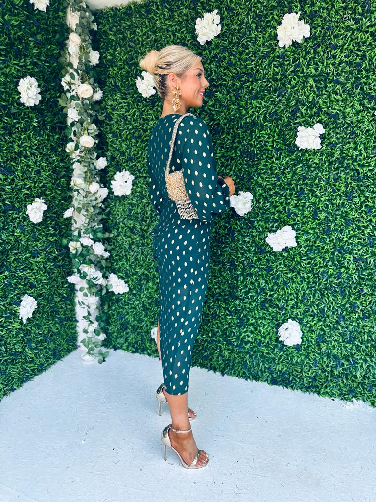 Elsa Gold Foil Long Sleeve Dress Forest
