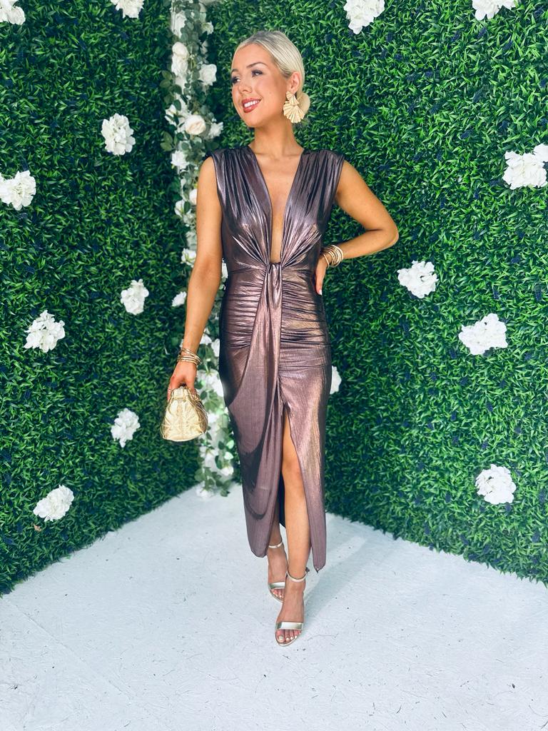 Evita Metalic Plunge Dress Bronze