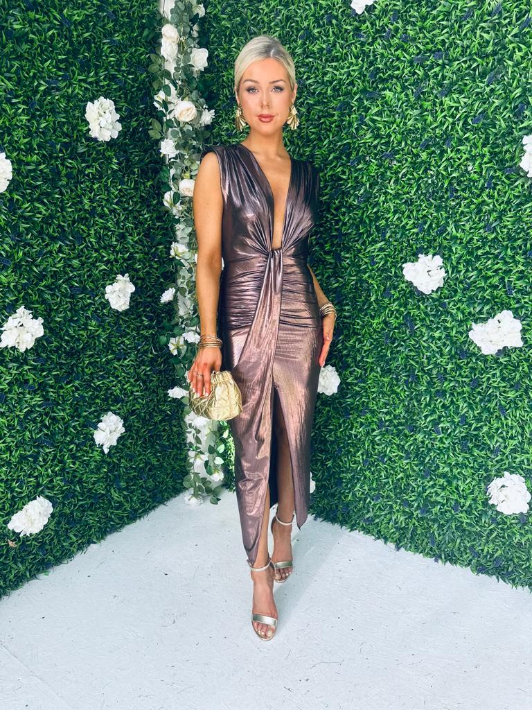 Evita Metalic Plunge Dress Bronze