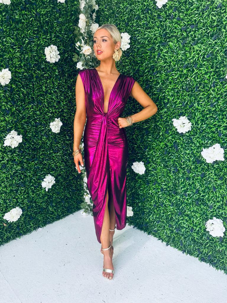 Evita Metalic Plunge Dress Magenta