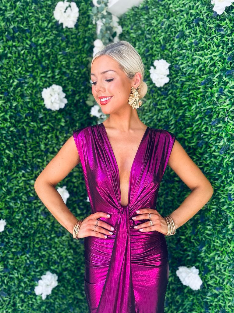 Evita Metalic Plunge Dress Magenta