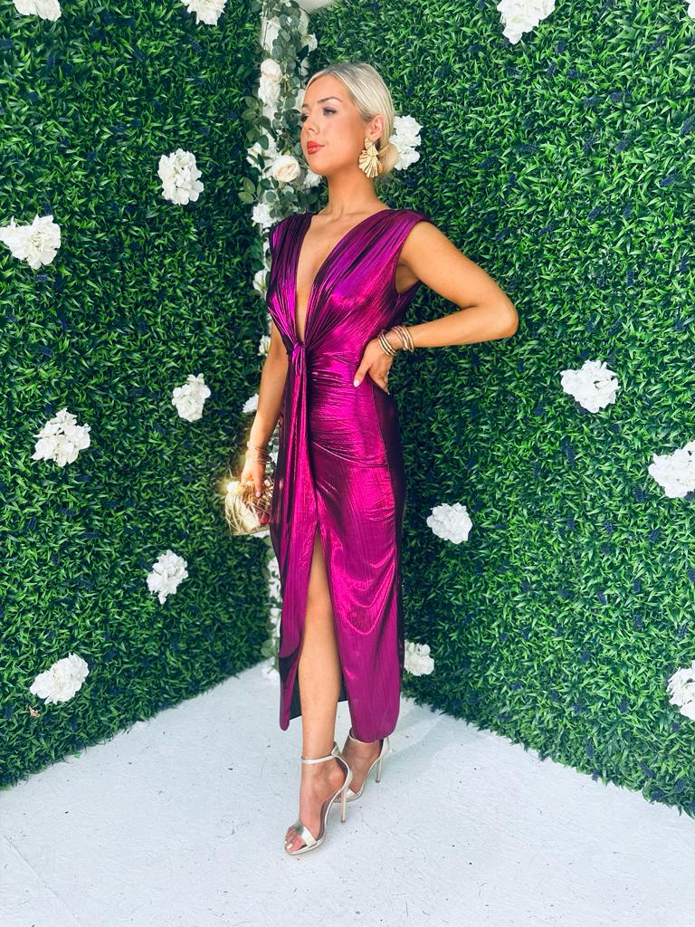 Evita Metalic Plunge Dress Magenta