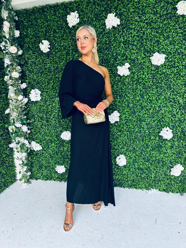 Alisa One Shoulder Lurex Dress Black