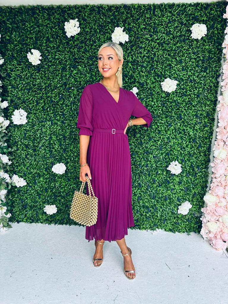 Geri Pleat Midi Dress Berry