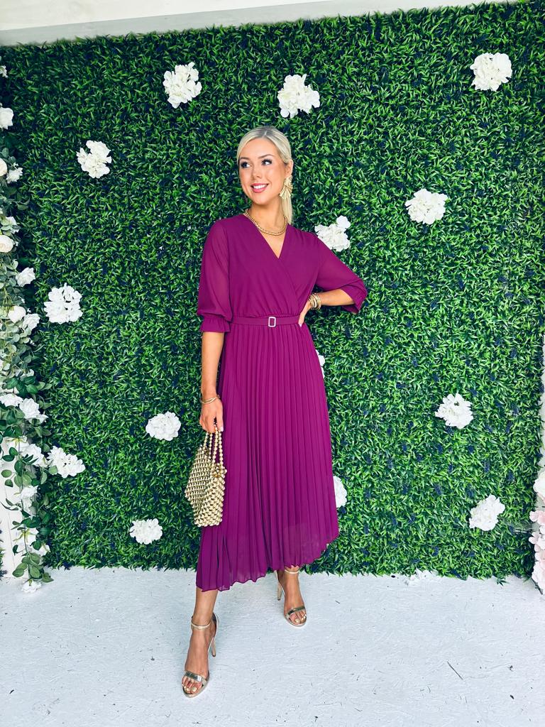 Geri Pleat Midi Dress Berry