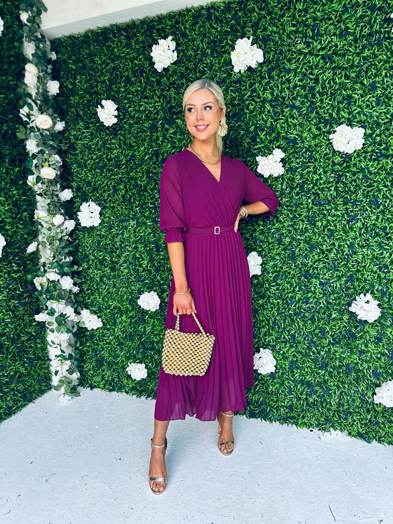 Geri Pleat Midi Dress Berry