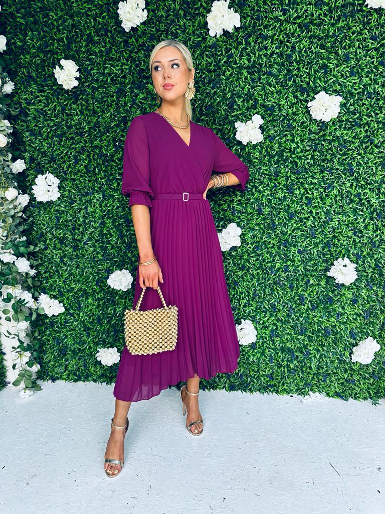 Geri Pleat Midi Dress Berry