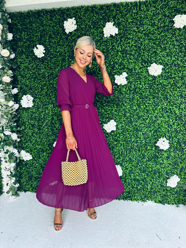Geri Pleat Midi Dress Berry