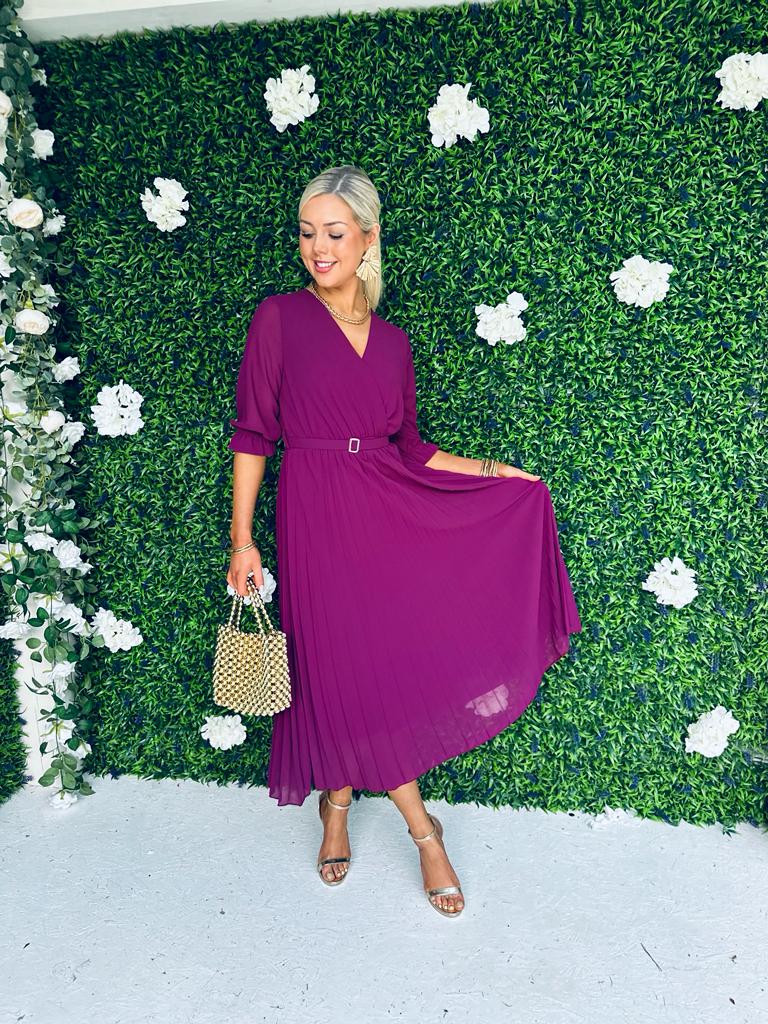 Geri Pleat Midi Dress Berry