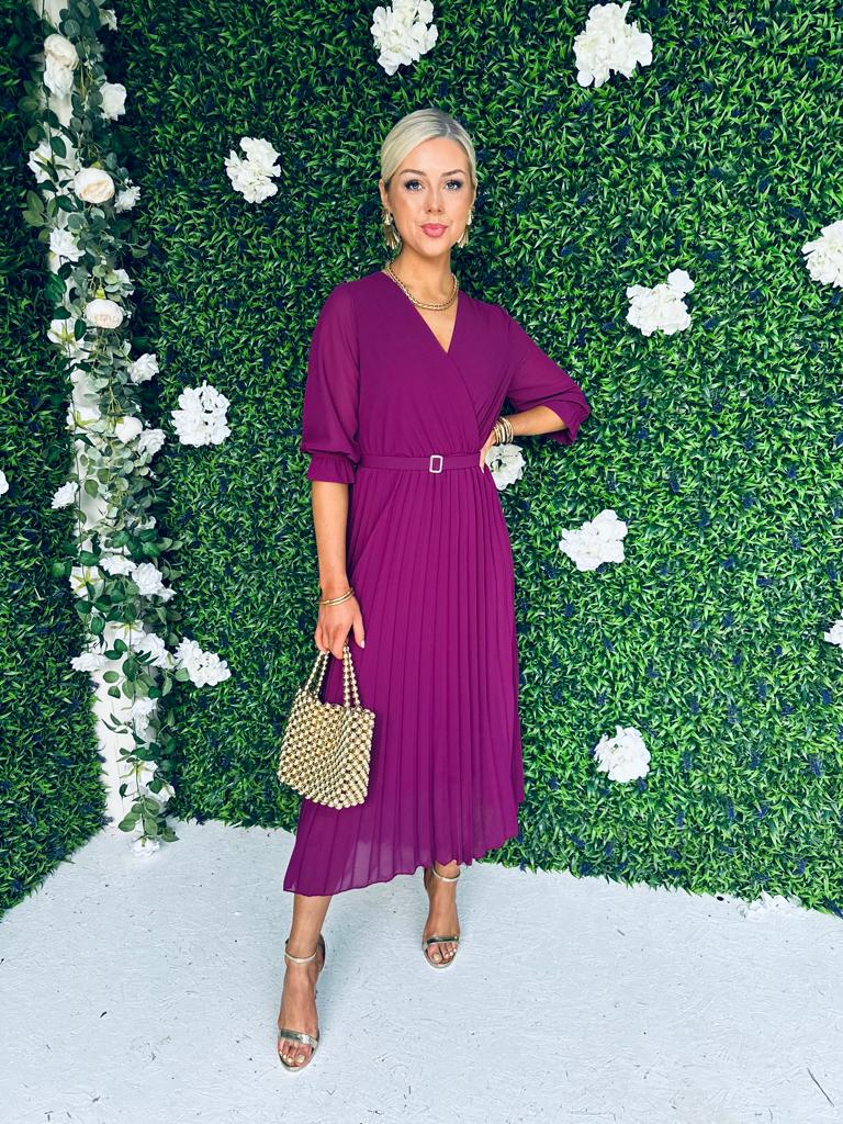 Geri Pleat Midi Dress Berry