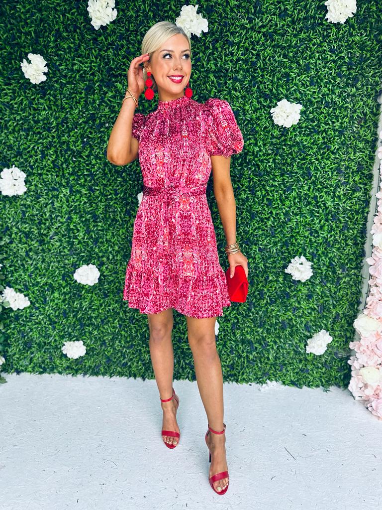 Emerson Puff Sleeve Mini Dress Red Animal