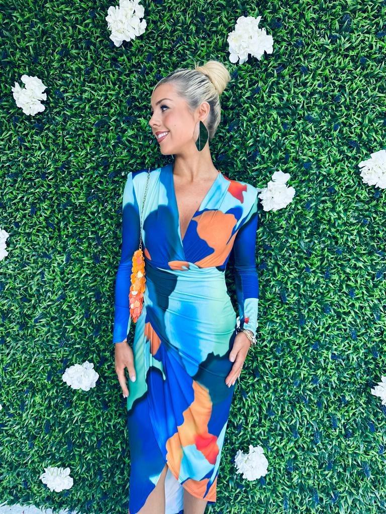 Katia Plunge Midi Dress Geo Blue