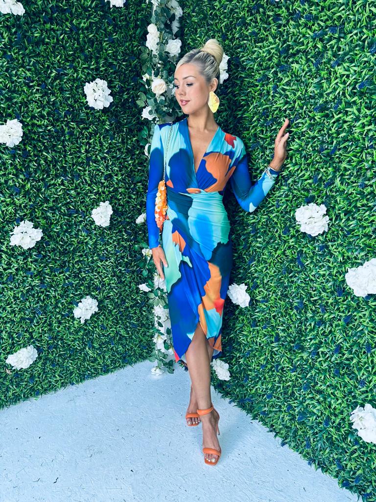 Katia Plunge Midi Dress Geo Blue