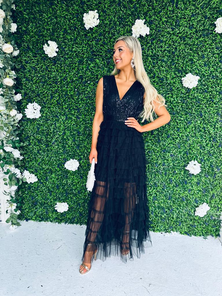Odette Sequin & Tulle Dress Black