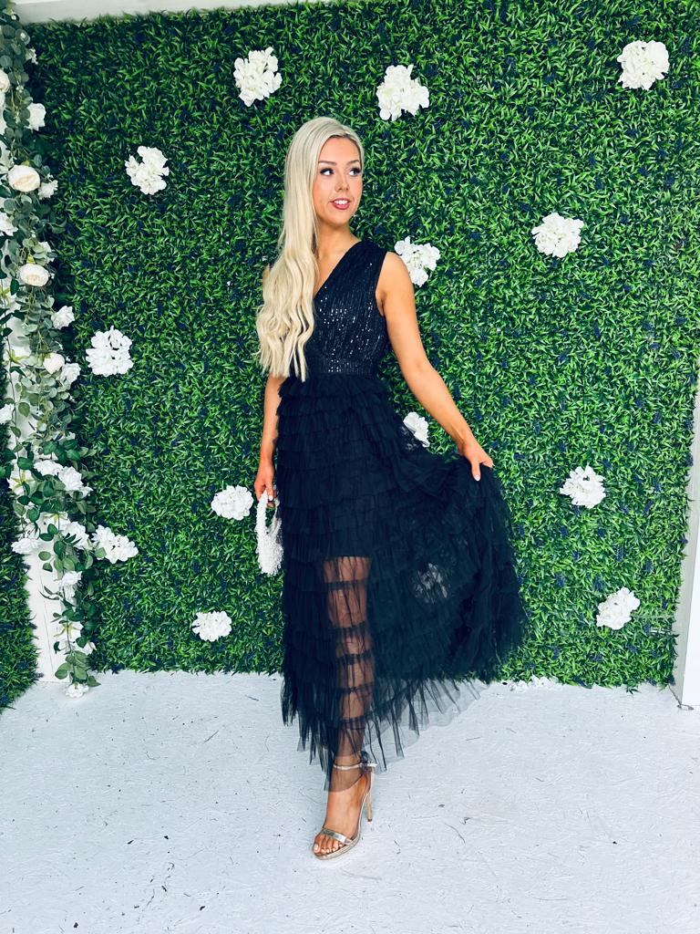 Odette Sequin & Tulle Dress Black