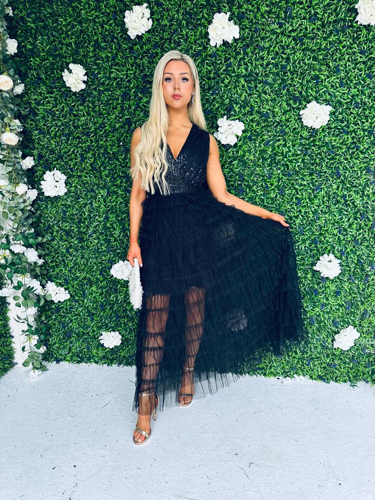 Odette Sequin & Tulle Dress Black
