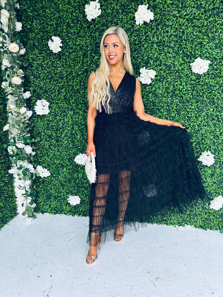 Odette Sequin & Tulle Dress Black
