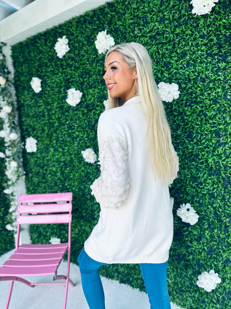 Kim Sequin Sleeve Cardi Off White
