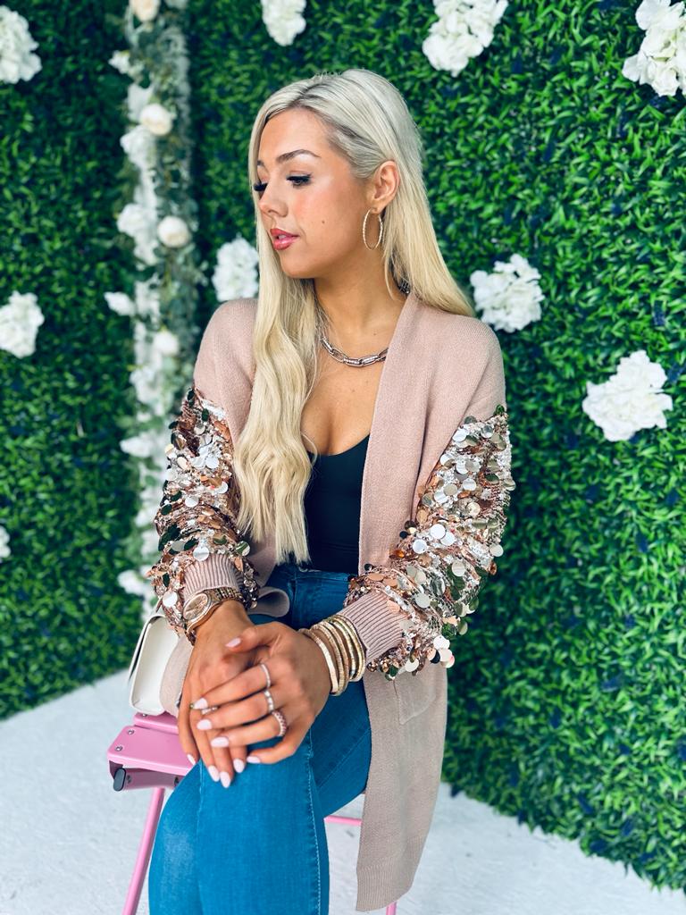 Kim Sequin Sleeve Cardi Taupe