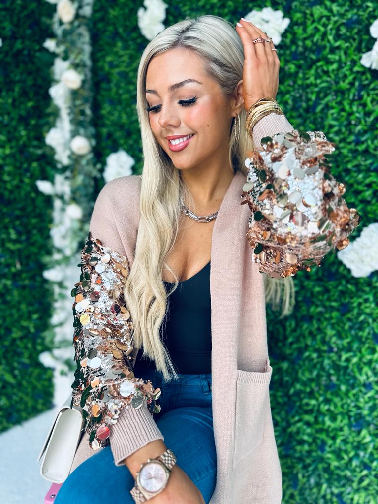 Kim Sequin Sleeve Cardi Taupe