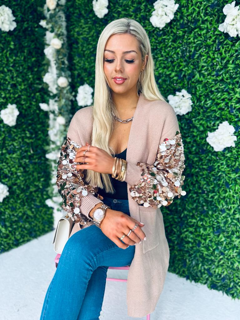 Kim Sequin Sleeve Cardi Taupe