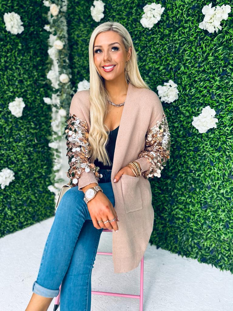 Kim Sequin Sleeve Cardi Taupe
