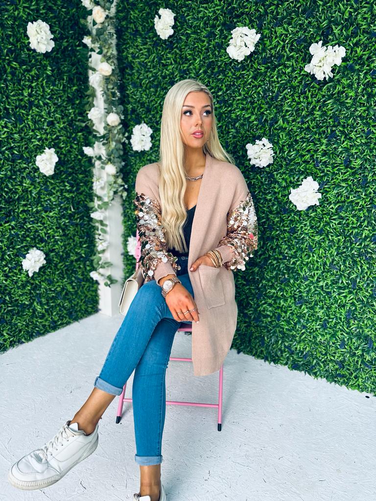 Kim Sequin Sleeve Cardi Taupe