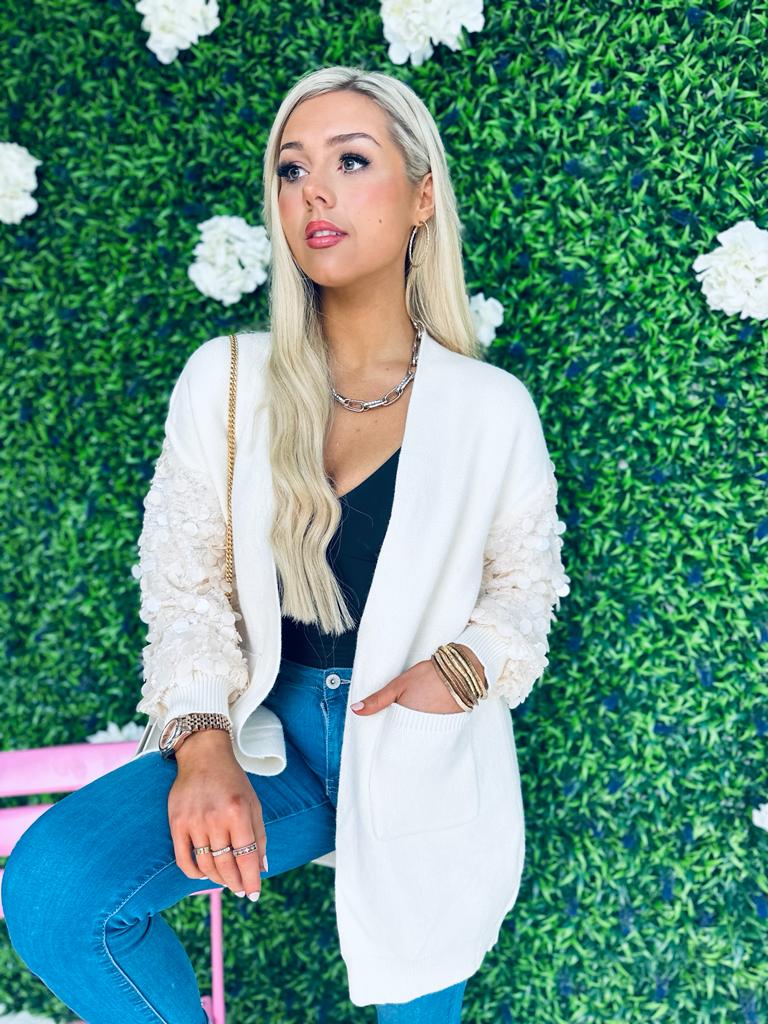 Kim Sequin Sleeve Cardi Off White