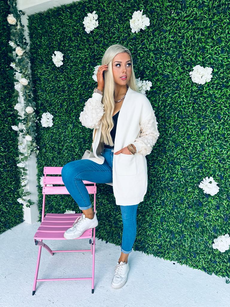 Kim Sequin Sleeve Cardi Off White