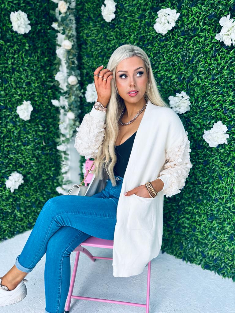 Kim Sequin Sleeve Cardi Off White