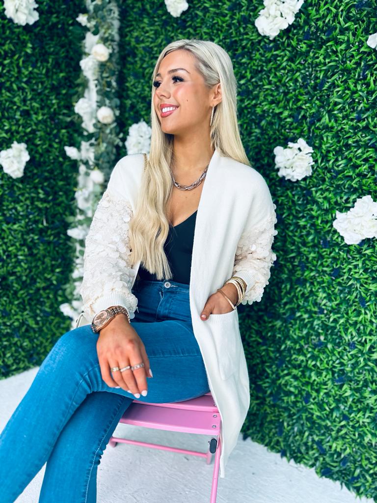 Kim Sequin Sleeve Cardi Off White